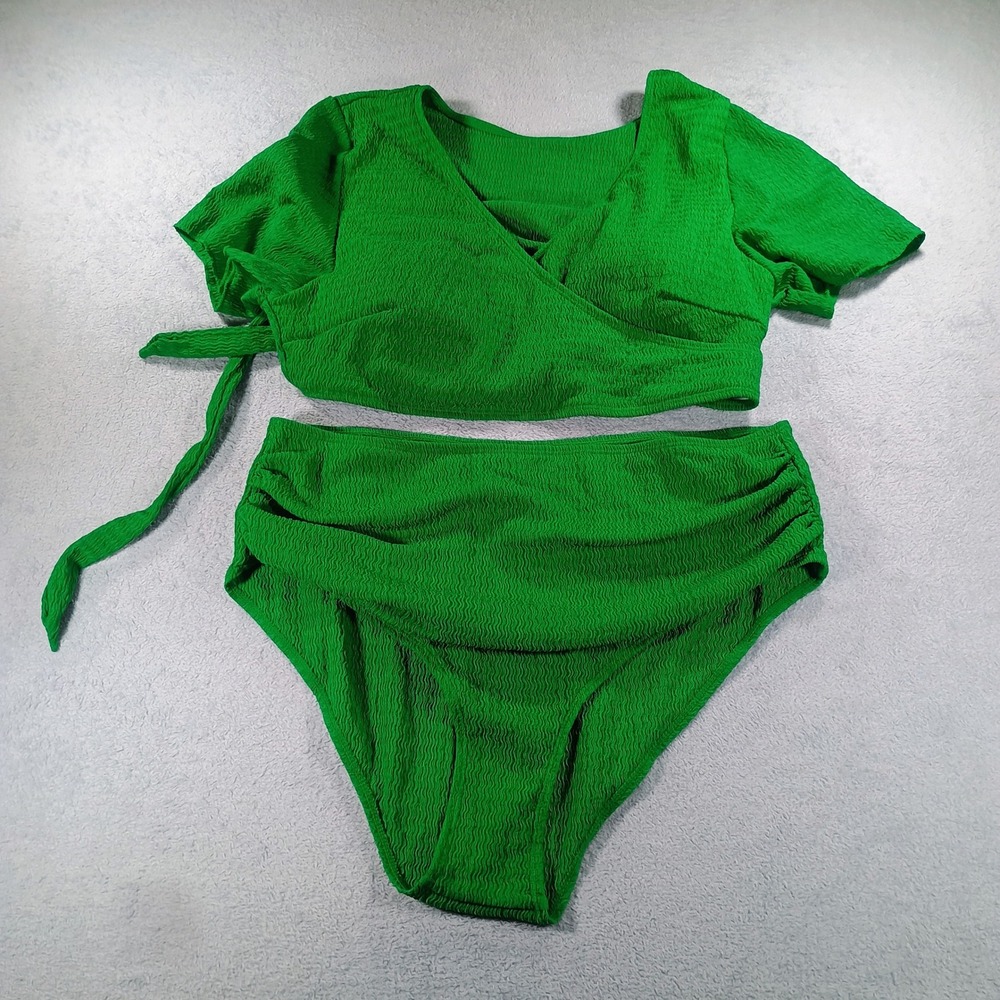 Unbranded Women Two-Piece Bikini Green 2XL High Waisted Textured Wrap Top